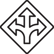 Road sign icon with arrows showing the road splitting into three directions
